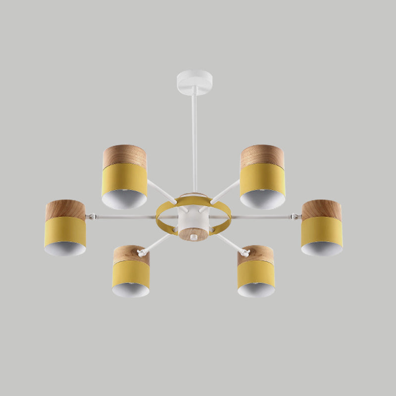 Splicing Cylinder Rotatable Chandelier Macaron Iron 6 Heads Bedroom Ceiling Hanging Light with Burst Arm in Yellow/Grey/White-Wood Clearhalo 'Ceiling Lights' 'Chandeliers' 'Modern Chandeliers' 'Modern' Lighting' 759801