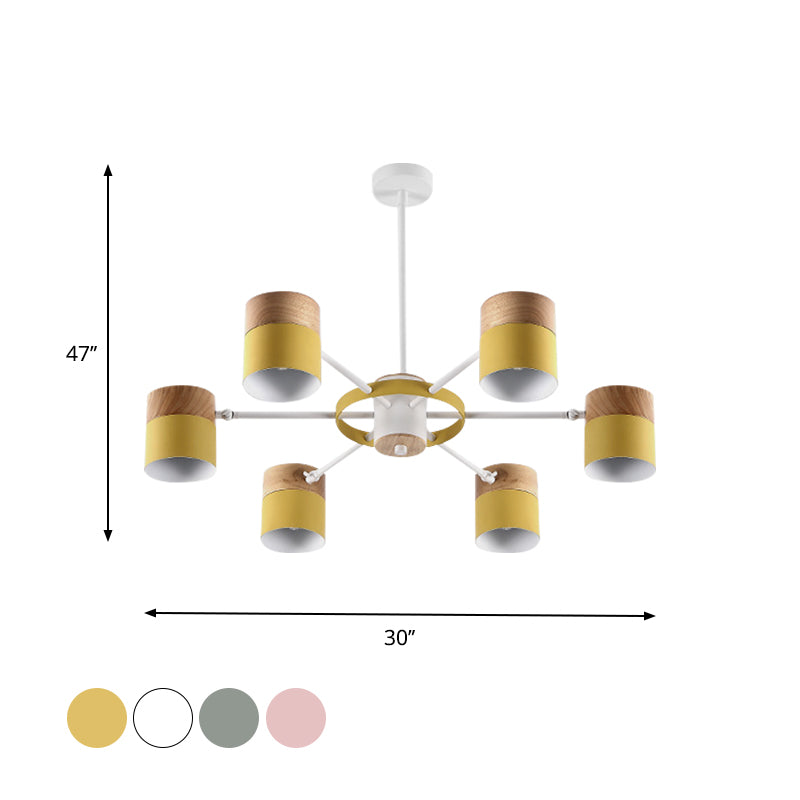 Splicing Cylinder Rotatable Chandelier Macaron Iron 6 Heads Bedroom Ceiling Hanging Light with Burst Arm in Yellow/Grey/White-Wood Clearhalo 'Ceiling Lights' 'Chandeliers' 'Modern Chandeliers' 'Modern' Lighting' 759802