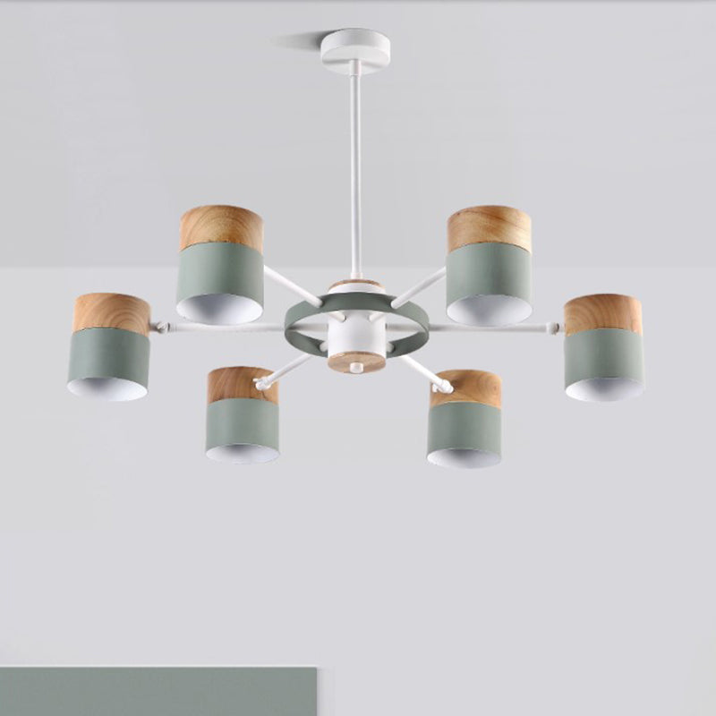 Splicing Cylinder Rotatable Chandelier Macaron Iron 6 Heads Bedroom Ceiling Hanging Light with Burst Arm in Yellow/Grey/White-Wood Green Clearhalo 'Ceiling Lights' 'Chandeliers' 'Modern Chandeliers' 'Modern' Lighting' 759803