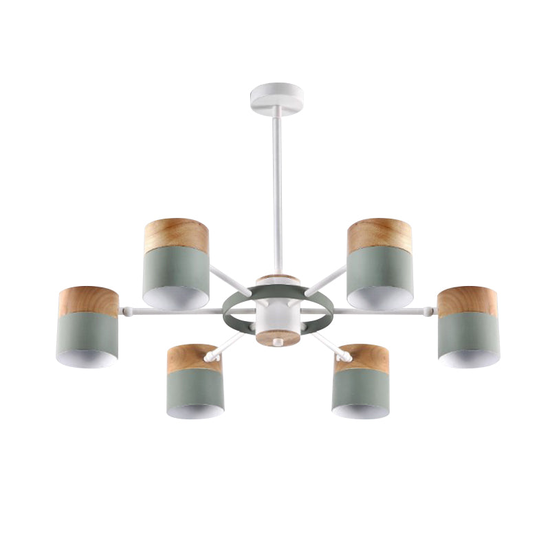 Splicing Cylinder Rotatable Chandelier Macaron Iron 6 Heads Bedroom Ceiling Hanging Light with Burst Arm in Yellow/Grey/White-Wood Clearhalo 'Ceiling Lights' 'Chandeliers' 'Modern Chandeliers' 'Modern' Lighting' 759805