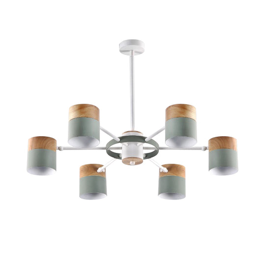 Splicing Cylinder Rotatable Chandelier Macaron Iron 6 Heads Bedroom Ceiling Hanging Light with Burst Arm in Yellow/Grey/White-Wood Clearhalo 'Ceiling Lights' 'Chandeliers' 'Modern Chandeliers' 'Modern' Lighting' 759805