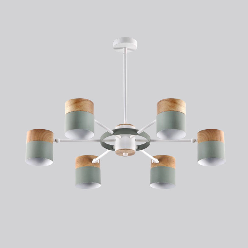 Splicing Cylinder Rotatable Chandelier Macaron Iron 6 Heads Bedroom Ceiling Hanging Light with Burst Arm in Yellow/Grey/White-Wood Clearhalo 'Ceiling Lights' 'Chandeliers' 'Modern Chandeliers' 'Modern' Lighting' 759806