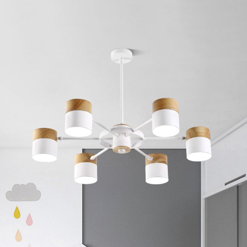 Splicing Cylinder Rotatable Chandelier Macaron Iron 6 Heads Bedroom Ceiling Hanging Light with Burst Arm in Yellow/Grey/White-Wood White Clearhalo 'Ceiling Lights' 'Chandeliers' 'Modern Chandeliers' 'Modern' Lighting' 759807