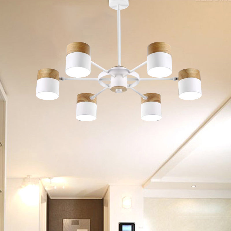 Splicing Cylinder Rotatable Chandelier Macaron Iron 6 Heads Bedroom Ceiling Hanging Light with Burst Arm in Yellow/Grey/White-Wood Clearhalo 'Ceiling Lights' 'Chandeliers' 'Modern Chandeliers' 'Modern' Lighting' 759808