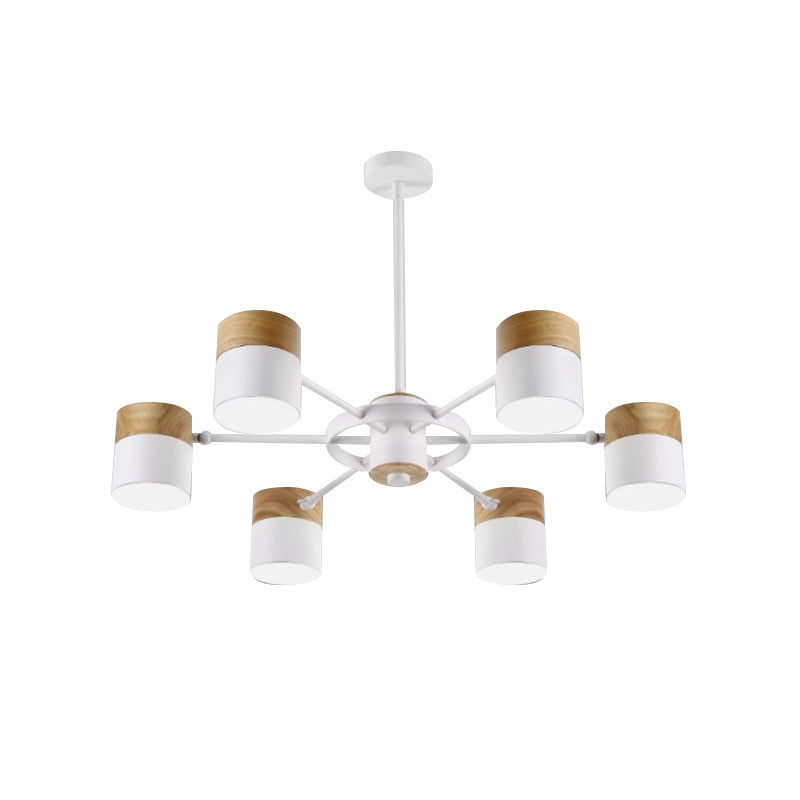 Splicing Cylinder Rotatable Chandelier Macaron Iron 6 Heads Bedroom Ceiling Hanging Light with Burst Arm in Yellow/Grey/White-Wood Clearhalo 'Ceiling Lights' 'Chandeliers' 'Modern Chandeliers' 'Modern' Lighting' 759809