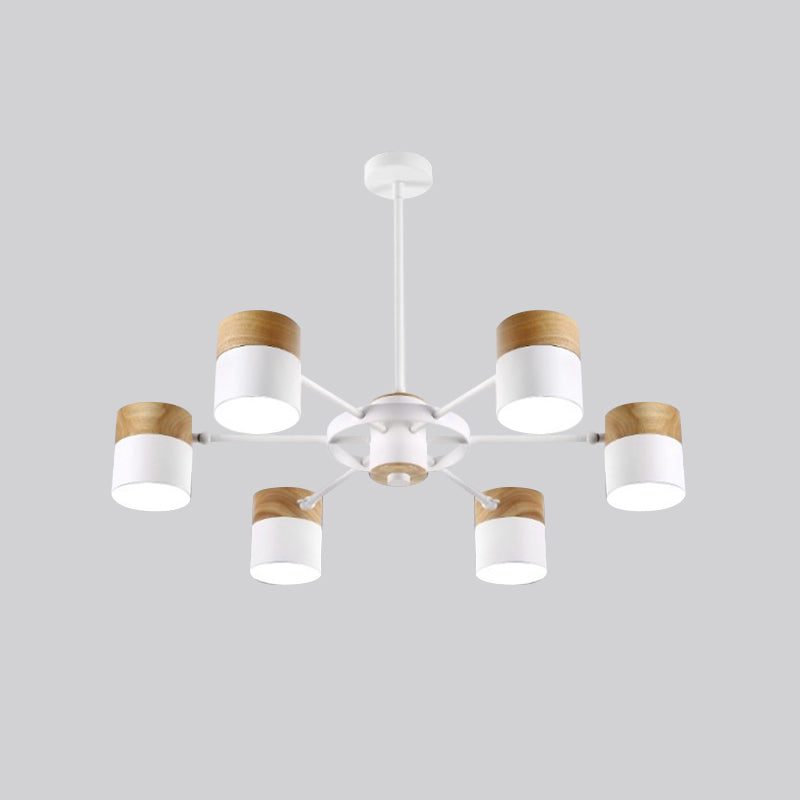 Splicing Cylinder Rotatable Chandelier Macaron Iron 6 Heads Bedroom Ceiling Hanging Light with Burst Arm in Yellow/Grey/White-Wood Clearhalo 'Ceiling Lights' 'Chandeliers' 'Modern Chandeliers' 'Modern' Lighting' 759810