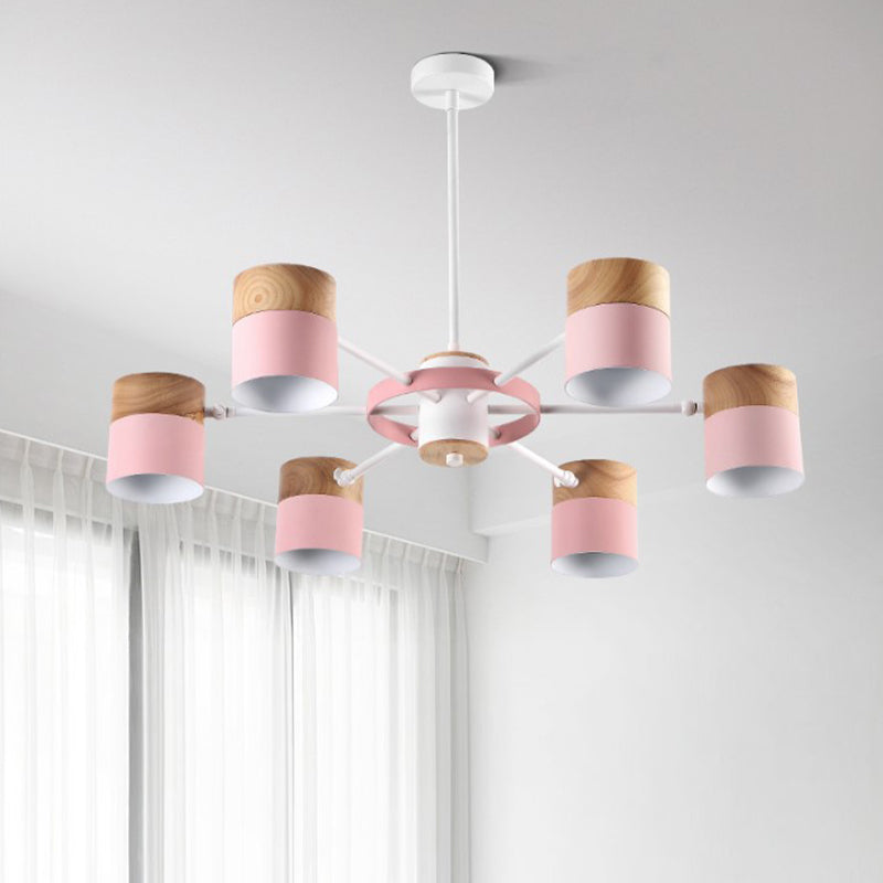 Splicing Cylinder Rotatable Chandelier Macaron Iron 6 Heads Bedroom Ceiling Hanging Light with Burst Arm in Yellow/Grey/White-Wood Pink Clearhalo 'Ceiling Lights' 'Chandeliers' 'Modern Chandeliers' 'Modern' Lighting' 759811