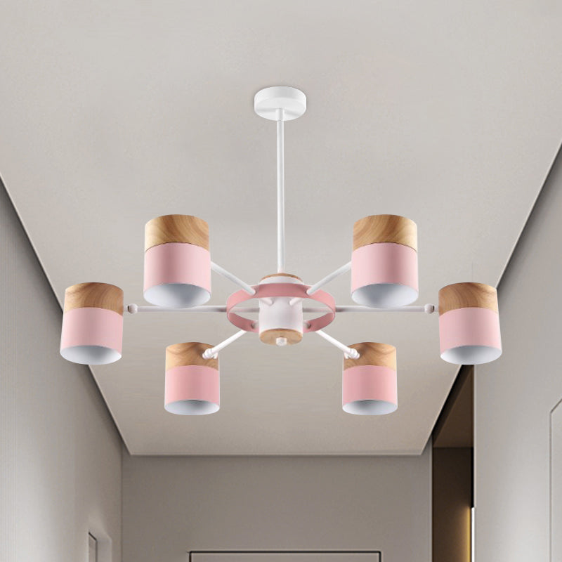 Splicing Cylinder Rotatable Chandelier Macaron Iron 6 Heads Bedroom Ceiling Hanging Light with Burst Arm in Yellow/Grey/White-Wood Clearhalo 'Ceiling Lights' 'Chandeliers' 'Modern Chandeliers' 'Modern' Lighting' 759812