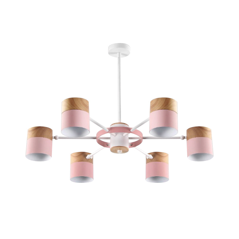 Splicing Cylinder Rotatable Chandelier Macaron Iron 6 Heads Bedroom Ceiling Hanging Light with Burst Arm in Yellow/Grey/White-Wood Clearhalo 'Ceiling Lights' 'Chandeliers' 'Modern Chandeliers' 'Modern' Lighting' 759813