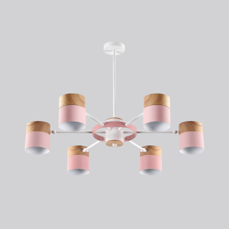 Splicing Cylinder Rotatable Chandelier Macaron Iron 6 Heads Bedroom Ceiling Hanging Light with Burst Arm in Yellow/Grey/White-Wood Clearhalo 'Ceiling Lights' 'Chandeliers' 'Modern Chandeliers' 'Modern' Lighting' 759814