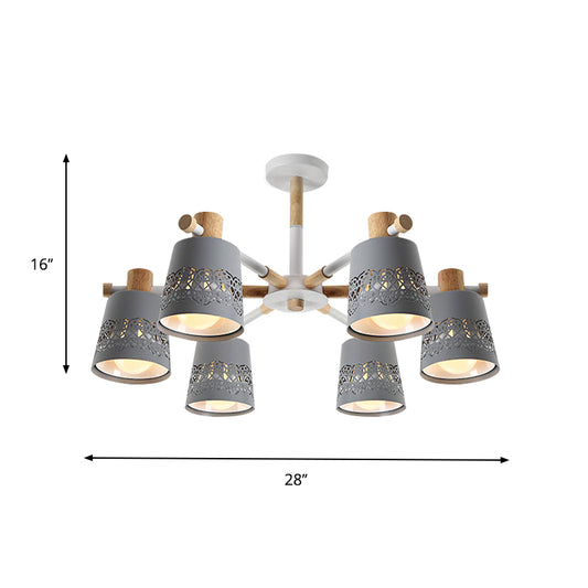 Macaron Tapered Hollowed Out Semi Flush Iron 6 Heads Living Room Flush Mount Ceiling Chandelier in Grey with Wood Accent Clearhalo 'Ceiling Lights' 'Close To Ceiling Lights' 'Close to ceiling' 'Semi-flushmount' Lighting' 759830