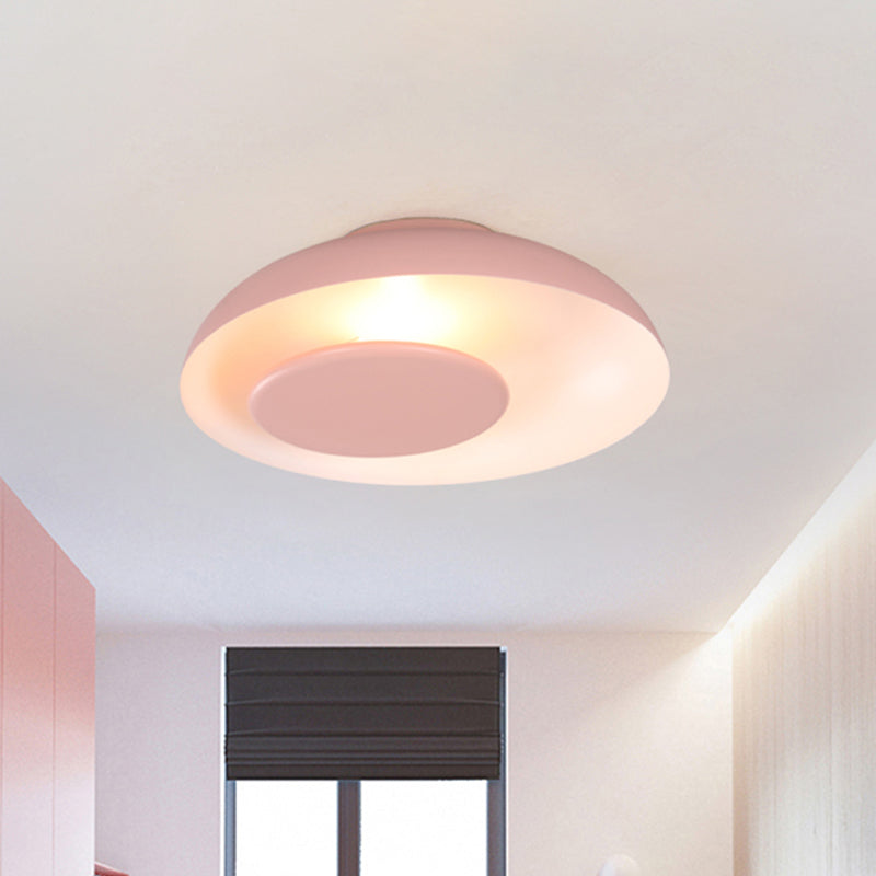 Pink/Green/Blue Wide Bowl Flush Light Macaron Single Iron Flush Mount Ceiling Lighting with Cover Pink Clearhalo 'Ceiling Lights' 'Close To Ceiling Lights' 'Close to ceiling' 'Flush mount' Lighting' 759835