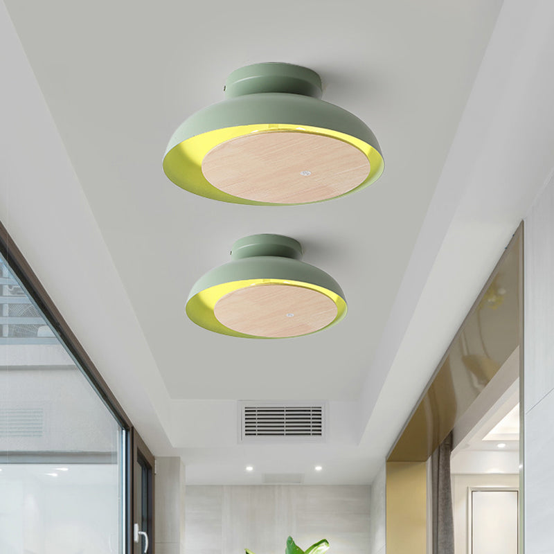 Macaron Shallow Bowl Iron Flush Mount LED Close to Ceiling Light with Mobile Wood Shield in Yellow/Pink/Green for Foyer Green Clearhalo 'Ceiling Lights' 'Close To Ceiling Lights' 'Close to ceiling' 'Flush mount' Lighting' 759847