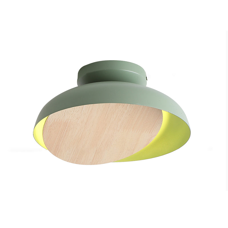 Macaron Shallow Bowl Iron Flush Mount LED Close to Ceiling Light with Mobile Wood Shield in Yellow/Pink/Green for Foyer Clearhalo 'Ceiling Lights' 'Close To Ceiling Lights' 'Close to ceiling' 'Flush mount' Lighting' 759848