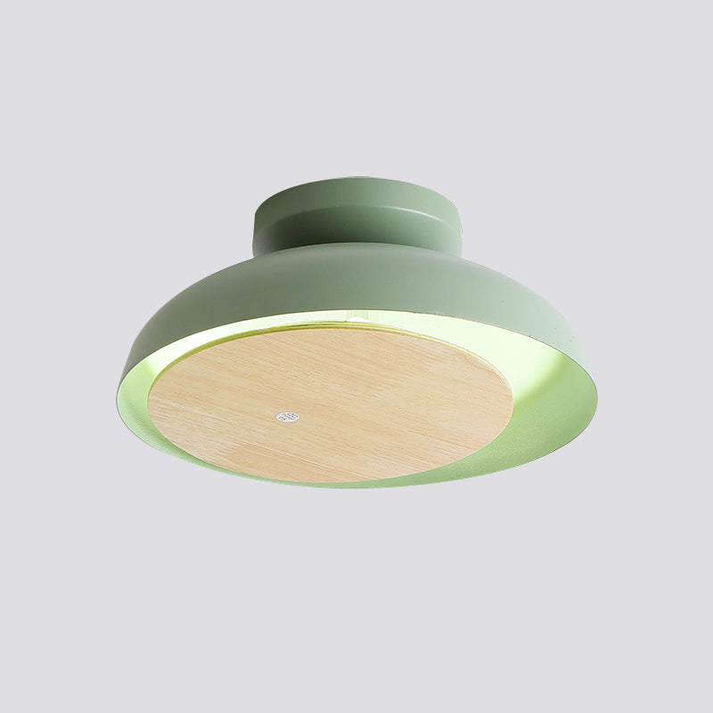 Macaron Shallow Bowl Iron Flush Mount LED Close to Ceiling Light with Mobile Wood Shield in Yellow/Pink/Green for Foyer Clearhalo 'Ceiling Lights' 'Close To Ceiling Lights' 'Close to ceiling' 'Flush mount' Lighting' 759849