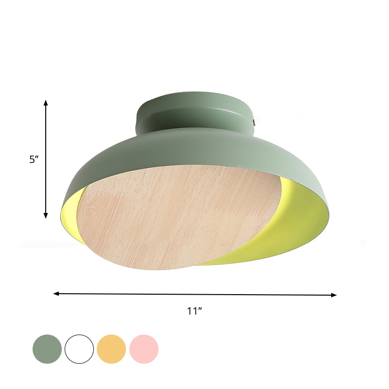 Macaron Shallow Bowl Iron Flush Mount LED Close to Ceiling Light with Mobile Wood Shield in Yellow/Pink/Green for Foyer Clearhalo 'Ceiling Lights' 'Close To Ceiling Lights' 'Close to ceiling' 'Flush mount' Lighting' 759850