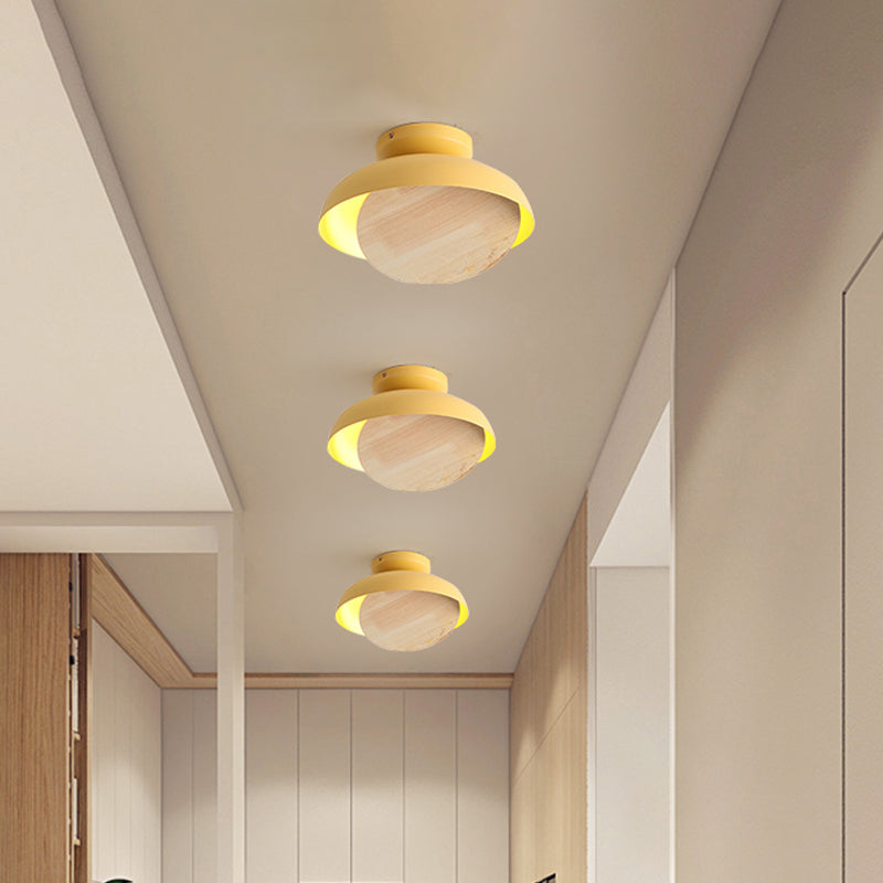 Macaron Shallow Bowl Iron Flush Mount LED Close to Ceiling Light with Mobile Wood Shield in Yellow/Pink/Green for Foyer Yellow Clearhalo 'Ceiling Lights' 'Close To Ceiling Lights' 'Close to ceiling' 'Flush mount' Lighting' 759851