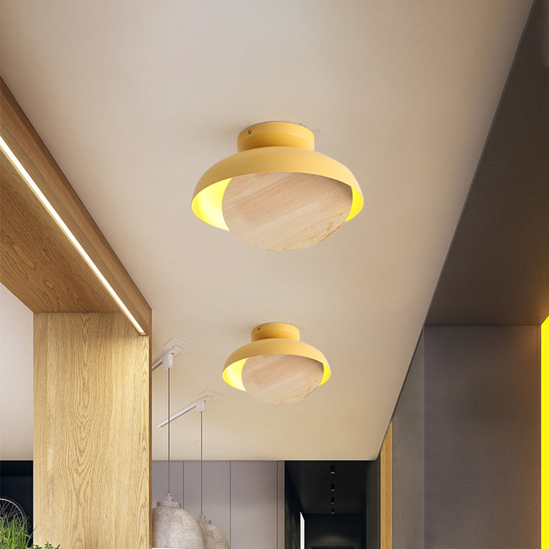 Macaron Shallow Bowl Iron Flush Mount LED Close to Ceiling Light with Mobile Wood Shield in Yellow/Pink/Green for Foyer Clearhalo 'Ceiling Lights' 'Close To Ceiling Lights' 'Close to ceiling' 'Flush mount' Lighting' 759852