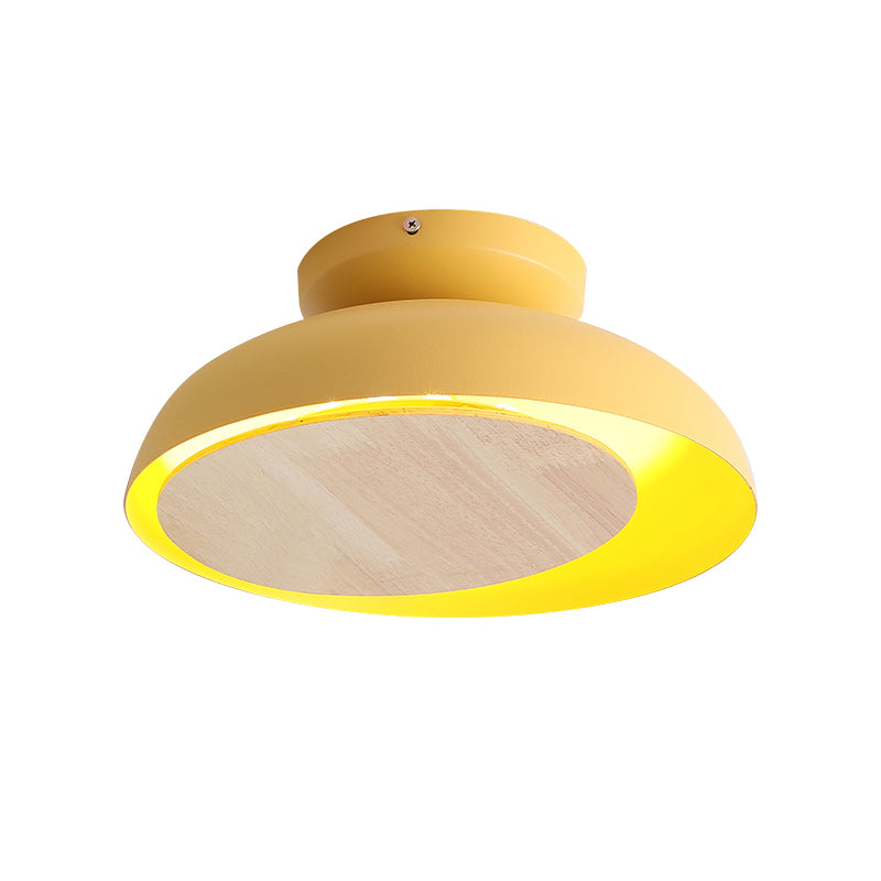 Macaron Shallow Bowl Iron Flush Mount LED Close to Ceiling Light with Mobile Wood Shield in Yellow/Pink/Green for Foyer Clearhalo 'Ceiling Lights' 'Close To Ceiling Lights' 'Close to ceiling' 'Flush mount' Lighting' 759853