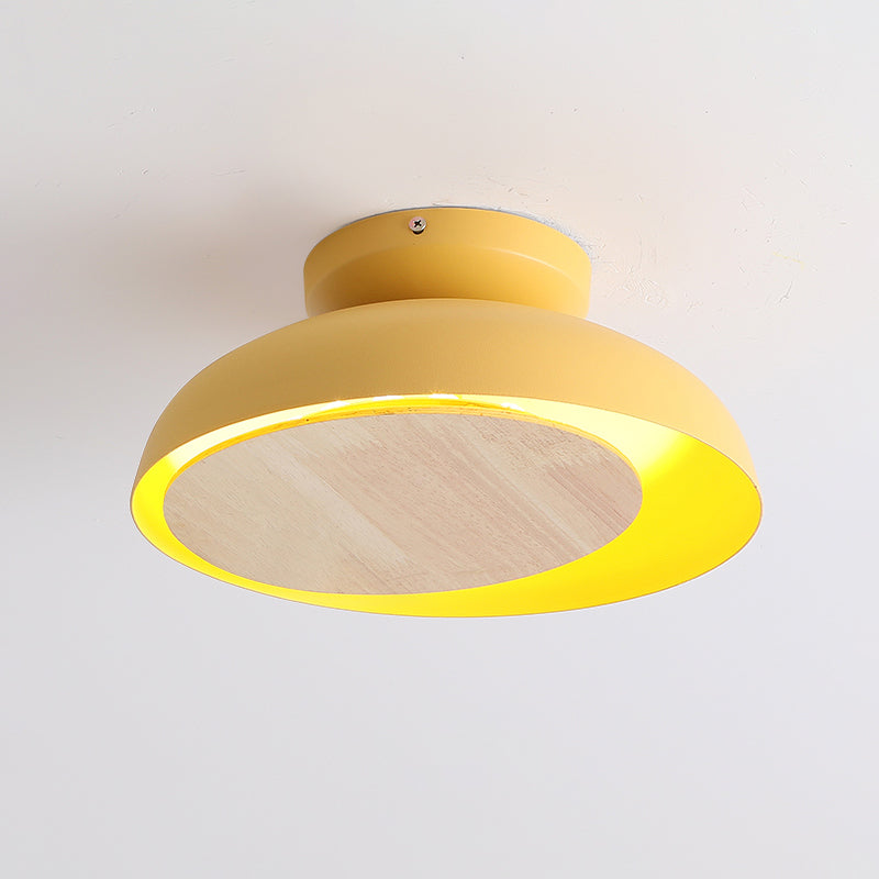 Macaron Shallow Bowl Iron Flush Mount LED Close to Ceiling Light with Mobile Wood Shield in Yellow/Pink/Green for Foyer Clearhalo 'Ceiling Lights' 'Close To Ceiling Lights' 'Close to ceiling' 'Flush mount' Lighting' 759854