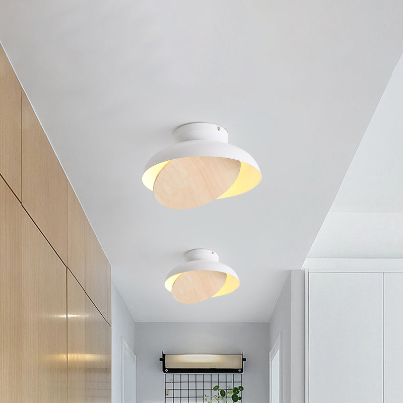 Macaron Shallow Bowl Iron Flush Mount LED Close to Ceiling Light with Mobile Wood Shield in Yellow/Pink/Green for Foyer White Clearhalo 'Ceiling Lights' 'Close To Ceiling Lights' 'Close to ceiling' 'Flush mount' Lighting' 759855