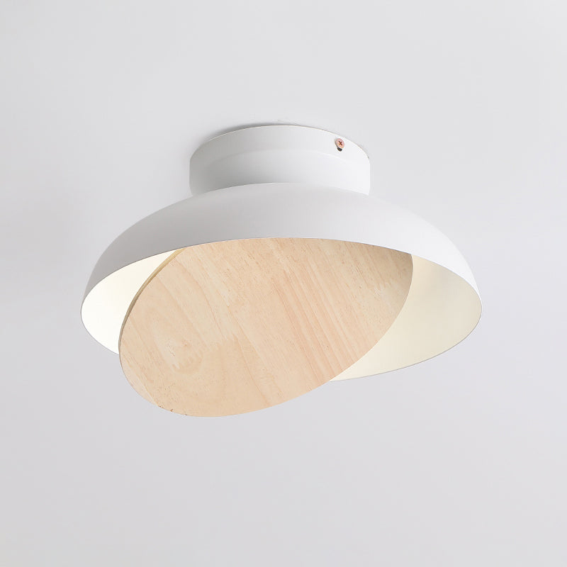 Macaron Shallow Bowl Iron Flush Mount LED Close to Ceiling Light with Mobile Wood Shield in Yellow/Pink/Green for Foyer Clearhalo 'Ceiling Lights' 'Close To Ceiling Lights' 'Close to ceiling' 'Flush mount' Lighting' 759858