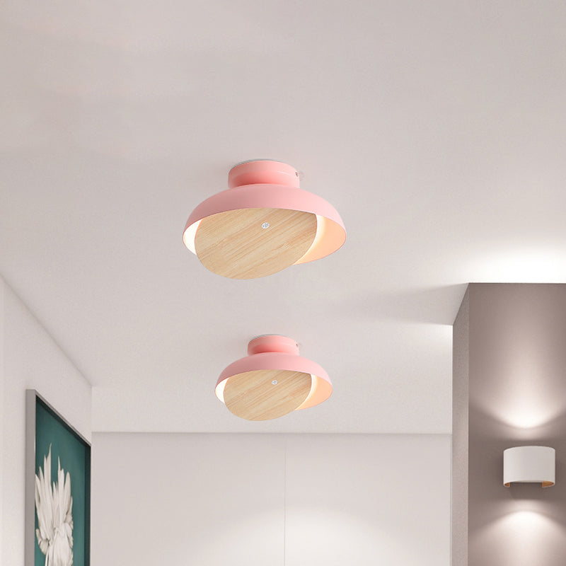 Macaron Shallow Bowl Iron Flush Mount LED Close to Ceiling Light with Mobile Wood Shield in Yellow/Pink/Green for Foyer Pink Clearhalo 'Ceiling Lights' 'Close To Ceiling Lights' 'Close to ceiling' 'Flush mount' Lighting' 759859