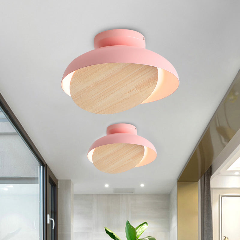 Macaron Shallow Bowl Iron Flush Mount LED Close to Ceiling Light with Mobile Wood Shield in Yellow/Pink/Green for Foyer Clearhalo 'Ceiling Lights' 'Close To Ceiling Lights' 'Close to ceiling' 'Flush mount' Lighting' 759860