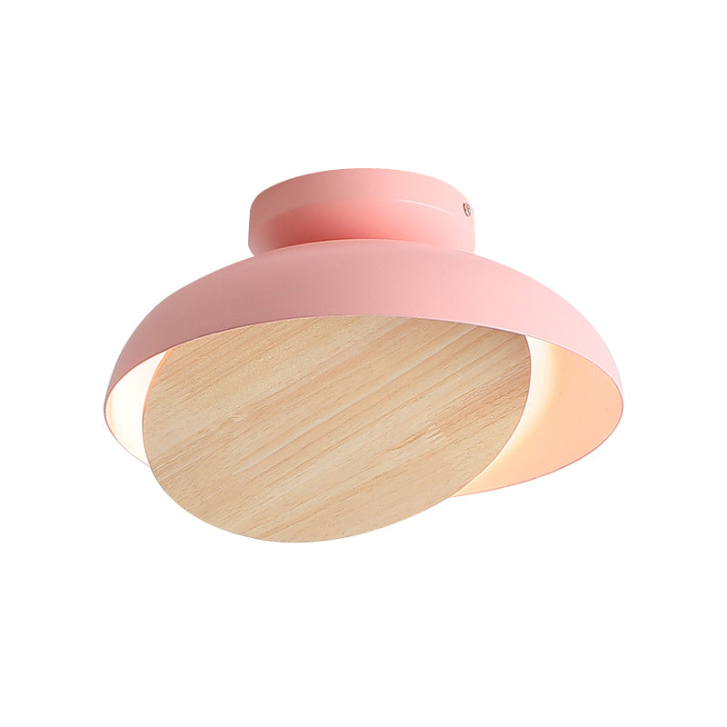 Macaron Shallow Bowl Iron Flush Mount LED Close to Ceiling Light with Mobile Wood Shield in Yellow/Pink/Green for Foyer Clearhalo 'Ceiling Lights' 'Close To Ceiling Lights' 'Close to ceiling' 'Flush mount' Lighting' 759861