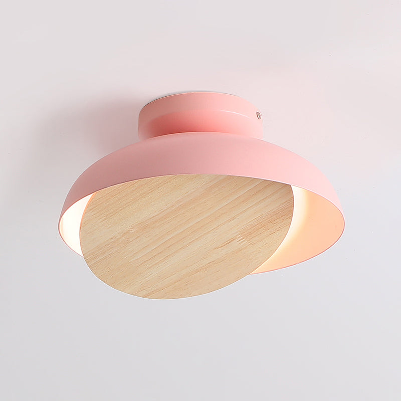 Macaron Shallow Bowl Iron Flush Mount LED Close to Ceiling Light with Mobile Wood Shield in Yellow/Pink/Green for Foyer Clearhalo 'Ceiling Lights' 'Close To Ceiling Lights' 'Close to ceiling' 'Flush mount' Lighting' 759862