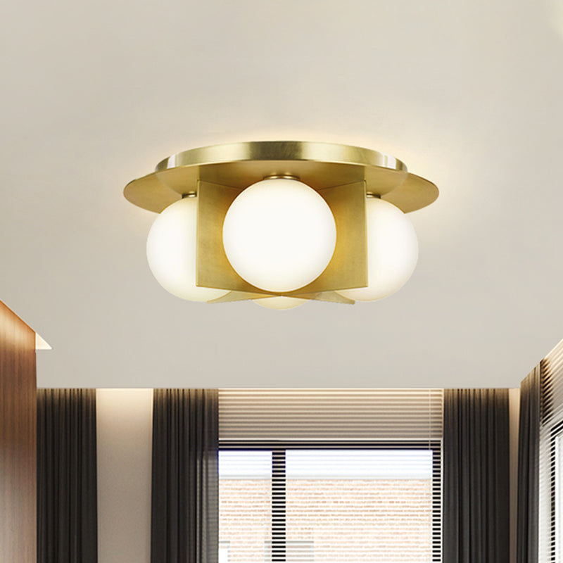 3-Light Bedroom Ceiling Lamp Postmodern Black/Gold/Chrome Flush Mounted Light with Globe Milky Glass Shade Gold Clearhalo 'Ceiling Lights' 'Close To Ceiling Lights' 'Close to ceiling' 'Flush mount' Lighting' 759892