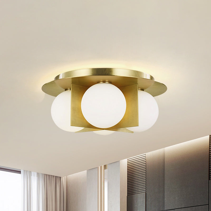 3-Light Bedroom Ceiling Lamp Postmodern Black/Gold/Chrome Flush Mounted Light with Globe Milky Glass Shade Clearhalo 'Ceiling Lights' 'Close To Ceiling Lights' 'Close to ceiling' 'Flush mount' Lighting' 759893