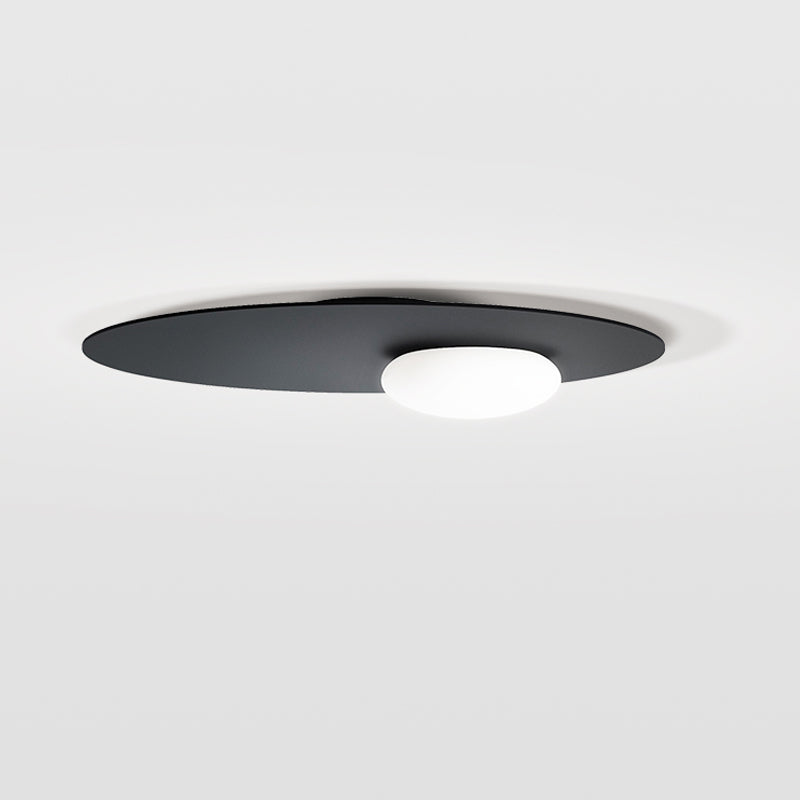 Cream Glass Ovoid Flush Mount Lamp Designer 1 Light Ceiling Lighting with Black/Brass Disk Top Clearhalo 'Ceiling Lights' 'Close To Ceiling Lights' 'Close to ceiling' 'Flush mount' Lighting' 759907