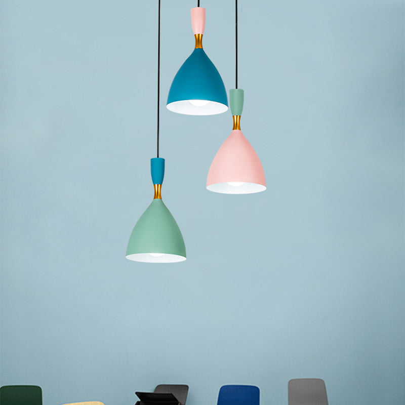 Macaron Cluster Funnel Pendant Aluminum 3-Light Loft House Ceiling Suspension Lamp in Green-Pink-Blue Green-Pink-Blue Clearhalo 'Ceiling Lights' 'Modern Pendants' 'Modern' 'Pendant Lights' 'Pendants' Lighting' 759973