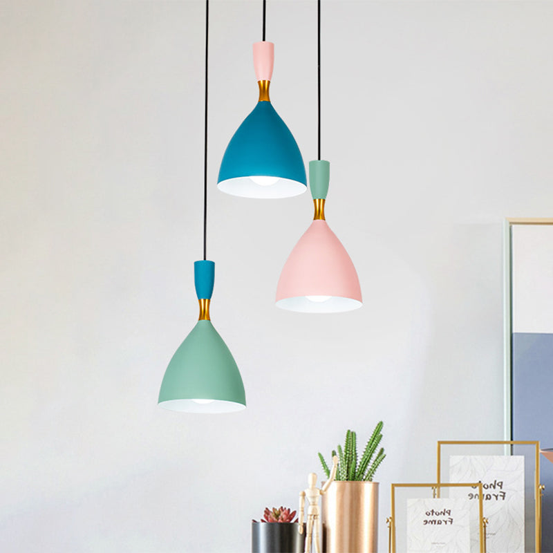 Macaron Cluster Funnel Pendant Aluminum 3-Light Loft House Ceiling Suspension Lamp in Green-Pink-Blue Clearhalo 'Ceiling Lights' 'Modern Pendants' 'Modern' 'Pendant Lights' 'Pendants' Lighting' 759974