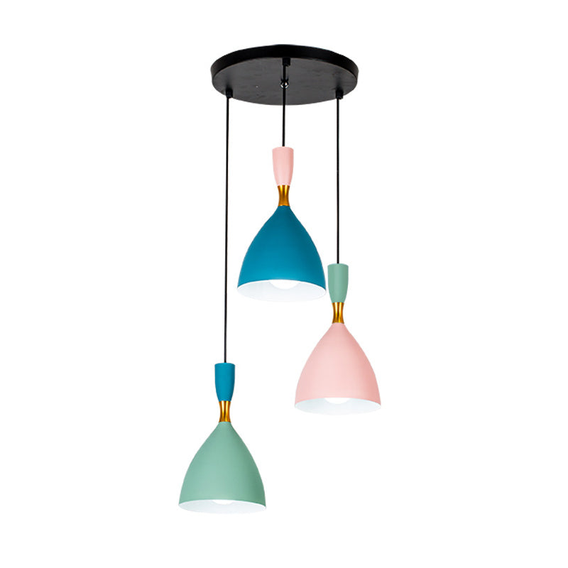 Macaron Cluster Funnel Pendant Aluminum 3-Light Loft House Ceiling Suspension Lamp in Green-Pink-Blue Clearhalo 'Ceiling Lights' 'Modern Pendants' 'Modern' 'Pendant Lights' 'Pendants' Lighting' 759975