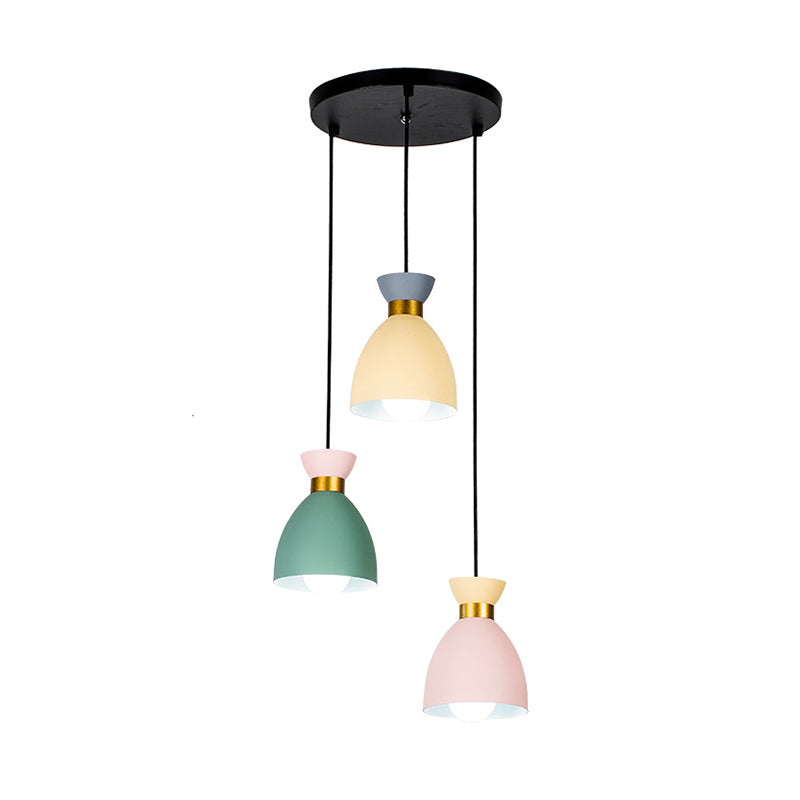 Macaron 3 Light Cluster Pendant Green-Yellow-Pink Cup Hanging Light Fixture with Aluminum Shade Clearhalo 'Ceiling Lights' 'Modern Pendants' 'Modern' 'Pendant Lights' 'Pendants' Lighting' 759979