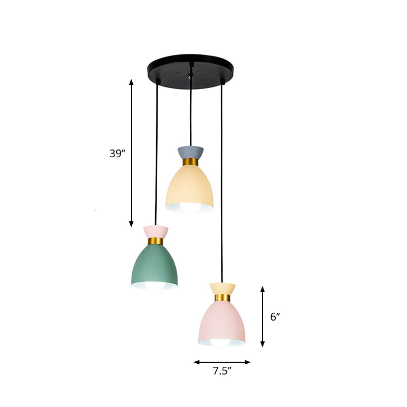 Macaron 3 Light Cluster Pendant Green-Yellow-Pink Cup Hanging Light Fixture with Aluminum Shade Clearhalo 'Ceiling Lights' 'Modern Pendants' 'Modern' 'Pendant Lights' 'Pendants' Lighting' 759980