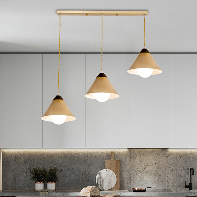 Conical Metal Multiple Hanging Light Postmodern 3 Heads Black and Gold Pendant Lamp with Round/Linear Canopy Gold Linear Clearhalo 'Ceiling Lights' 'Modern Pendants' 'Modern' 'Pendant Lights' 'Pendants' Lighting' 759981