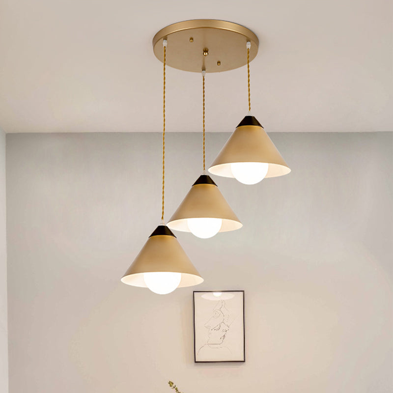 Conical Metal Multiple Hanging Light Postmodern 3 Heads Black and Gold Pendant Lamp with Round/Linear Canopy Gold Round Clearhalo 'Ceiling Lights' 'Modern Pendants' 'Modern' 'Pendant Lights' 'Pendants' Lighting' 759985