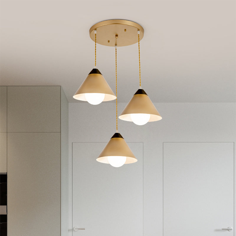 Conical Metal Multiple Hanging Light Postmodern 3 Heads Black and Gold Pendant Lamp with Round/Linear Canopy Clearhalo 'Ceiling Lights' 'Modern Pendants' 'Modern' 'Pendant Lights' 'Pendants' Lighting' 759986