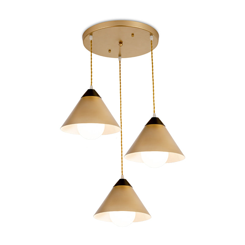 Conical Metal Multiple Hanging Light Postmodern 3 Heads Black and Gold Pendant Lamp with Round/Linear Canopy Clearhalo 'Ceiling Lights' 'Modern Pendants' 'Modern' 'Pendant Lights' 'Pendants' Lighting' 759987