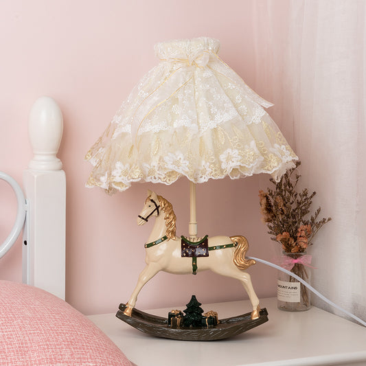 Kids Lace Flared/Dome Fabric Table Lamp 1 Head Night Stand Light in White with Rocking Horse Seesaw Base White B Clearhalo 'Lamps' 'Table Lamps' Lighting' 760094