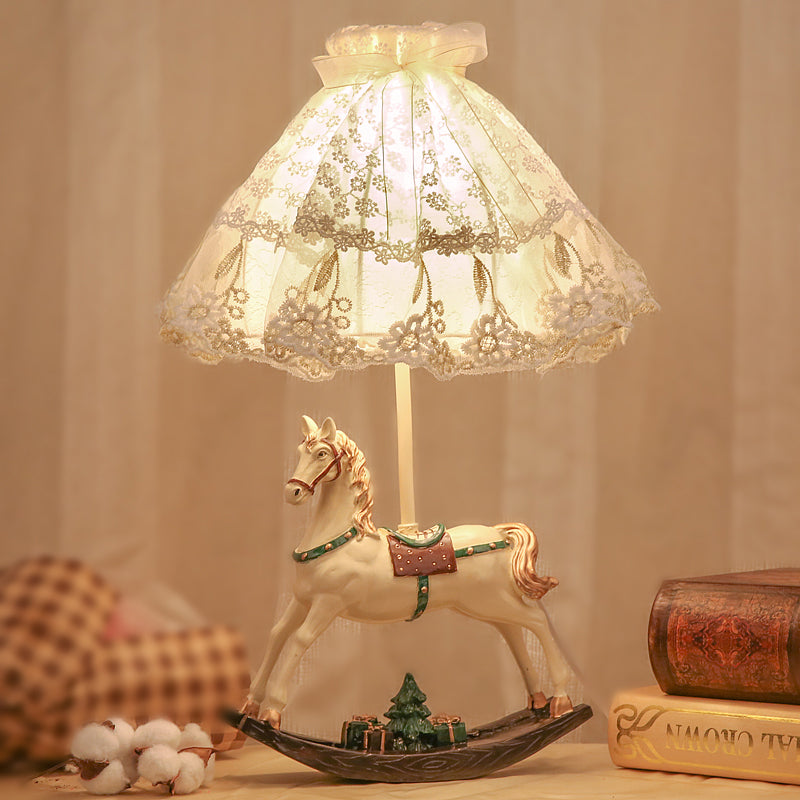 Kids Lace Flared/Dome Fabric Table Lamp 1 Head Night Stand Light in White with Rocking Horse Seesaw Base Clearhalo 'Lamps' 'Table Lamps' Lighting' 760095