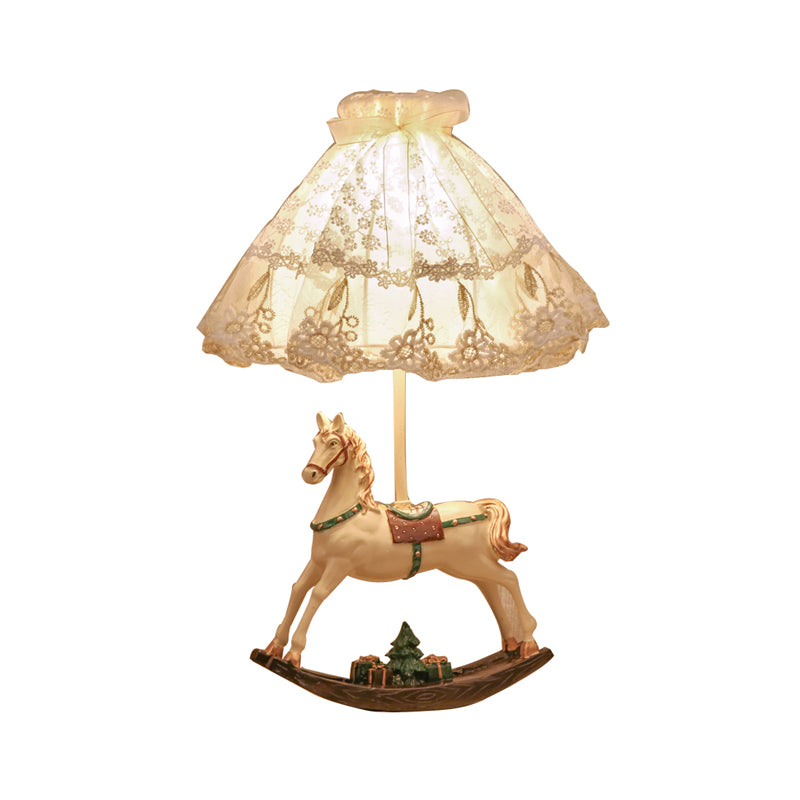 Kids Lace Flared/Dome Fabric Table Lamp 1 Head Night Stand Light in White with Rocking Horse Seesaw Base Clearhalo 'Lamps' 'Table Lamps' Lighting' 760096