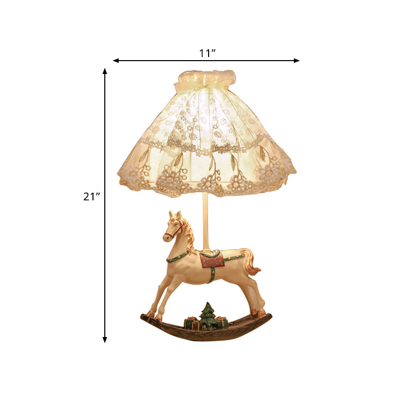 Kids Lace Flared/Dome Fabric Table Lamp 1 Head Night Stand Light in White with Rocking Horse Seesaw Base Clearhalo 'Lamps' 'Table Lamps' Lighting' 760097