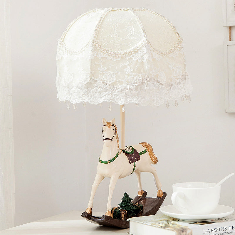 Kids Lace Flared/Dome Fabric Table Lamp 1 Head Night Stand Light in White with Rocking Horse Seesaw Base White A Clearhalo 'Lamps' 'Table Lamps' Lighting' 760098