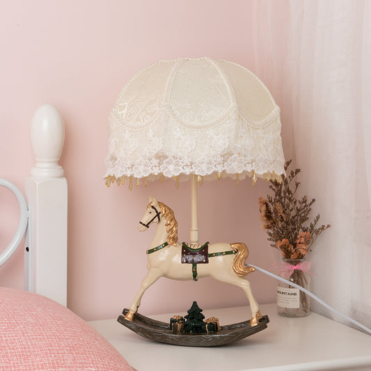 Kids Lace Flared/Dome Fabric Table Lamp 1 Head Night Stand Light in White with Rocking Horse Seesaw Base Clearhalo 'Lamps' 'Table Lamps' Lighting' 760099