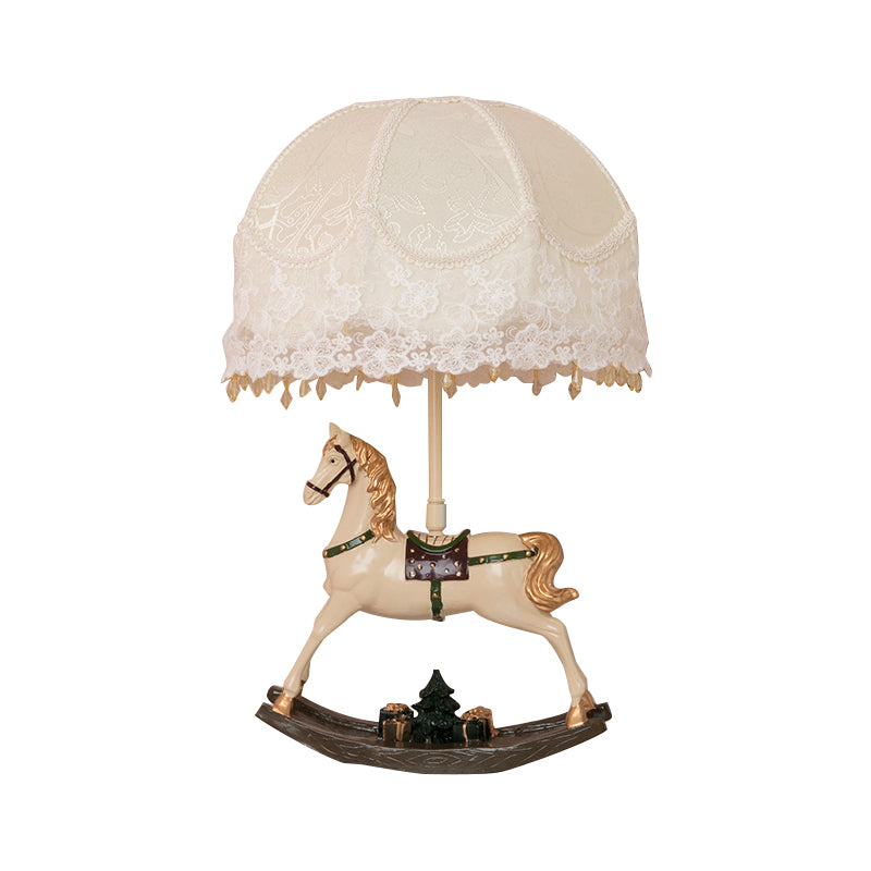 Kids Lace Flared/Dome Fabric Table Lamp 1 Head Night Stand Light in White with Rocking Horse Seesaw Base Clearhalo 'Lamps' 'Table Lamps' Lighting' 760100