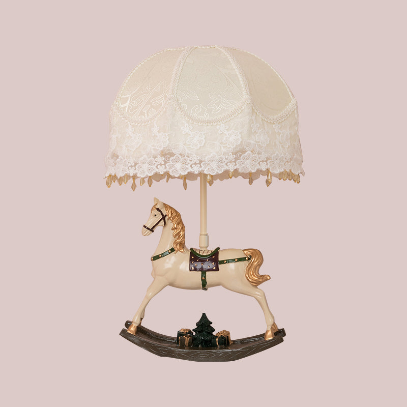 Kids Lace Flared/Dome Fabric Table Lamp 1 Head Night Stand Light in White with Rocking Horse Seesaw Base Clearhalo 'Lamps' 'Table Lamps' Lighting' 760101